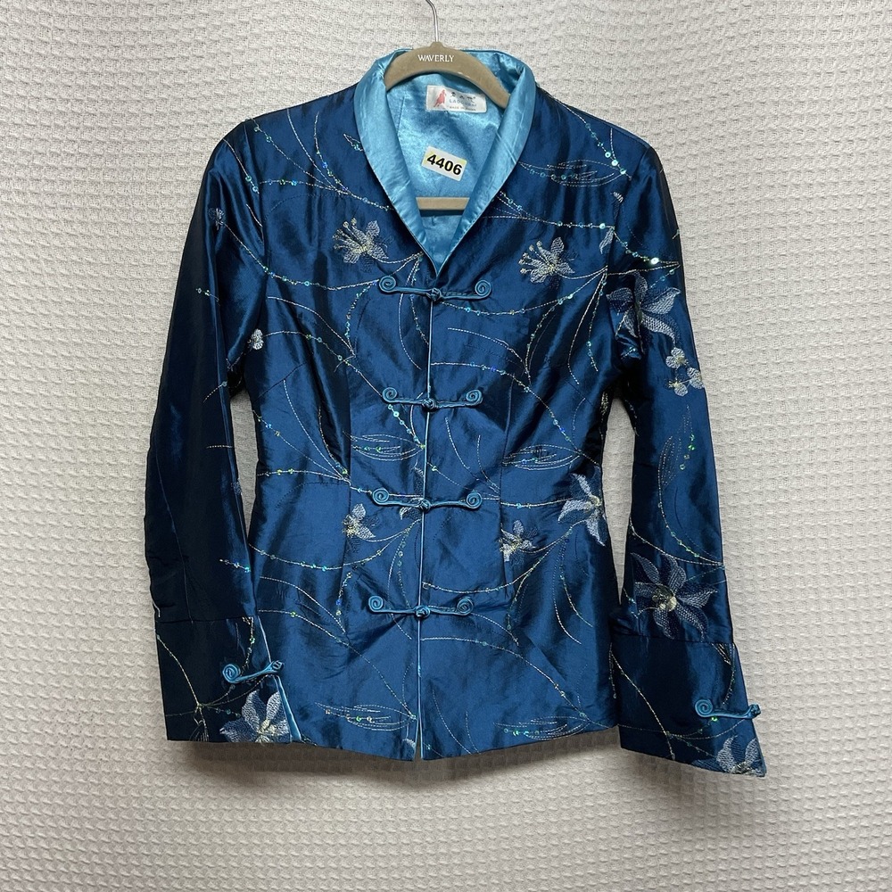 Vintage Oriental Laogudai Blue Floral Jacket Women's Small Embellished Embroider